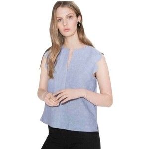 Allrow Blue Linen Cotton Blend Scalloped Sleeve Blouse Size Small